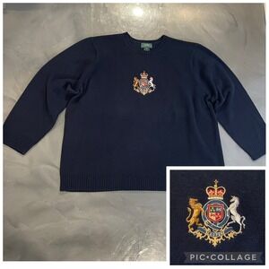 VTG Ralph Lauren 3X Navy Blue Crest Embroidered Crewneck Sweater Y2K Equestrian
